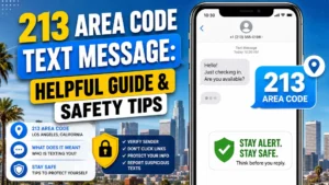 213 area code text message guide with Los Angeles skyline, smartphone, and safety tips