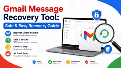 Gmail message recovery tool guide with laptop, email, search, and security icons