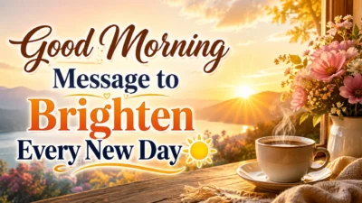 Good morning message with golden sunrise, hot coffee, colorful flowers, and a peaceful mountain view.