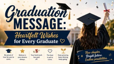 Graduation message with heartfelt wishes for every graduate, featuring a graduate in cap and gown celebrating with a diploma.