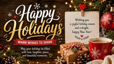 Happy holidays message with warm wishes, Christmas decorations, gifts, and festive lights