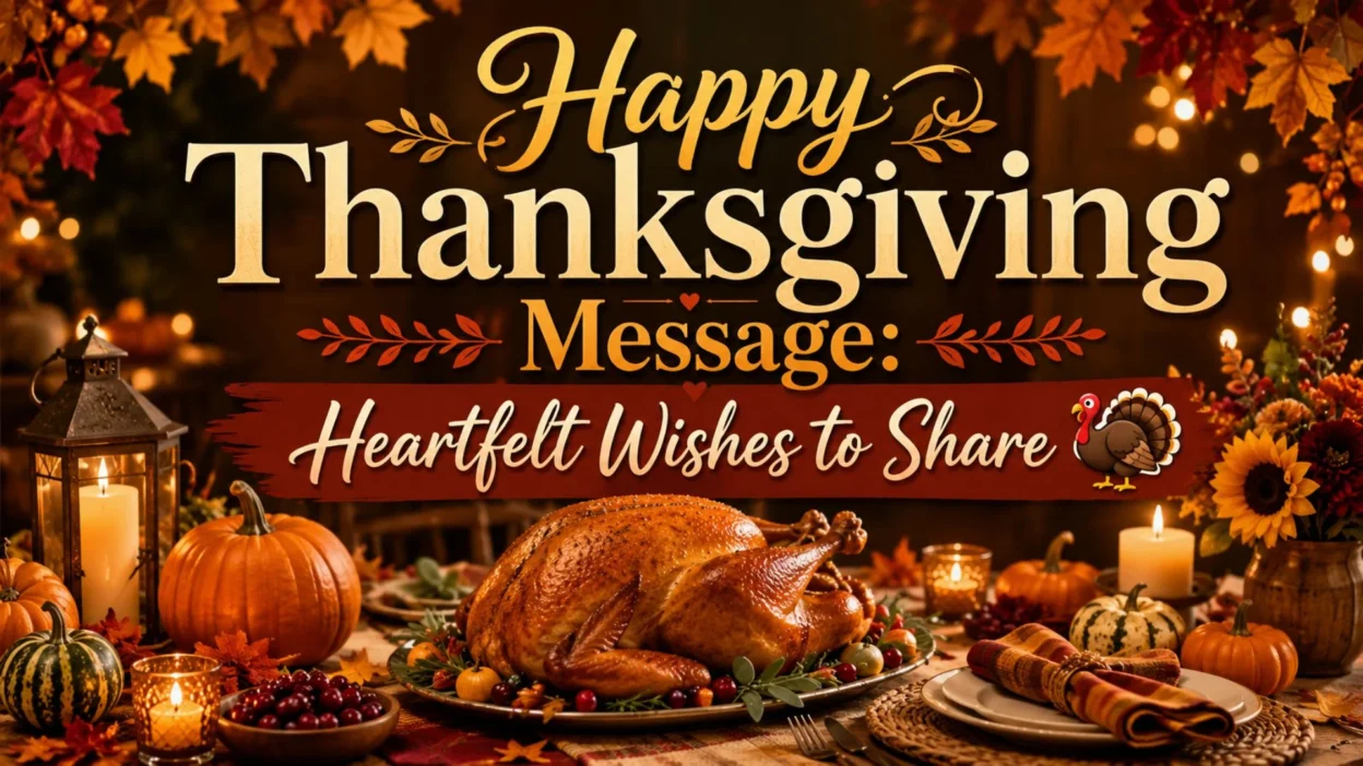 Happy Thanksgiving message image with roasted turkey, pumpkins, candles, autumn leaves, and a warm festive dinner table.