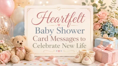 Heartfelt baby shower card image with teddy bear, baby booties, pastel gifts, flowers, and balloons