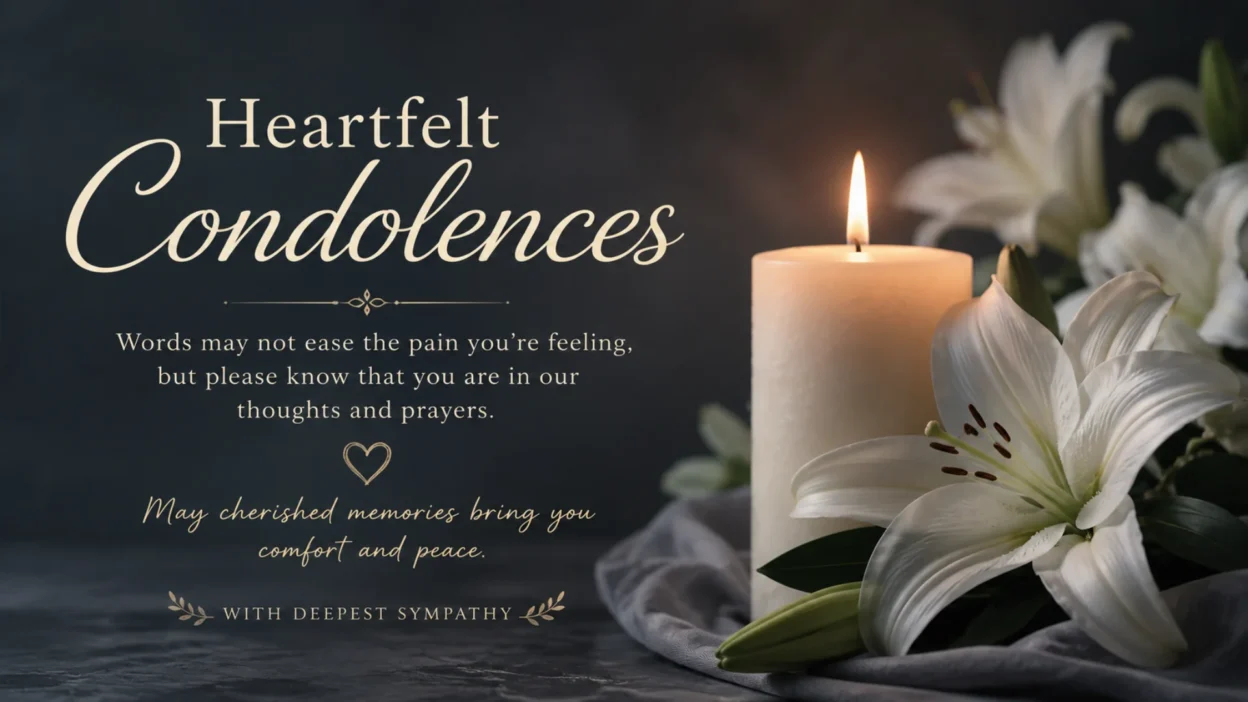 Sympathy image with white lilies, a glowing candle, and the text “Heartfelt Condolences” on a dark peaceful background.