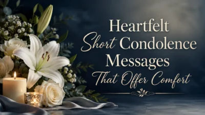 Short condolence messages image with white lilies, candles, and a soft sympathy design offering comfort.