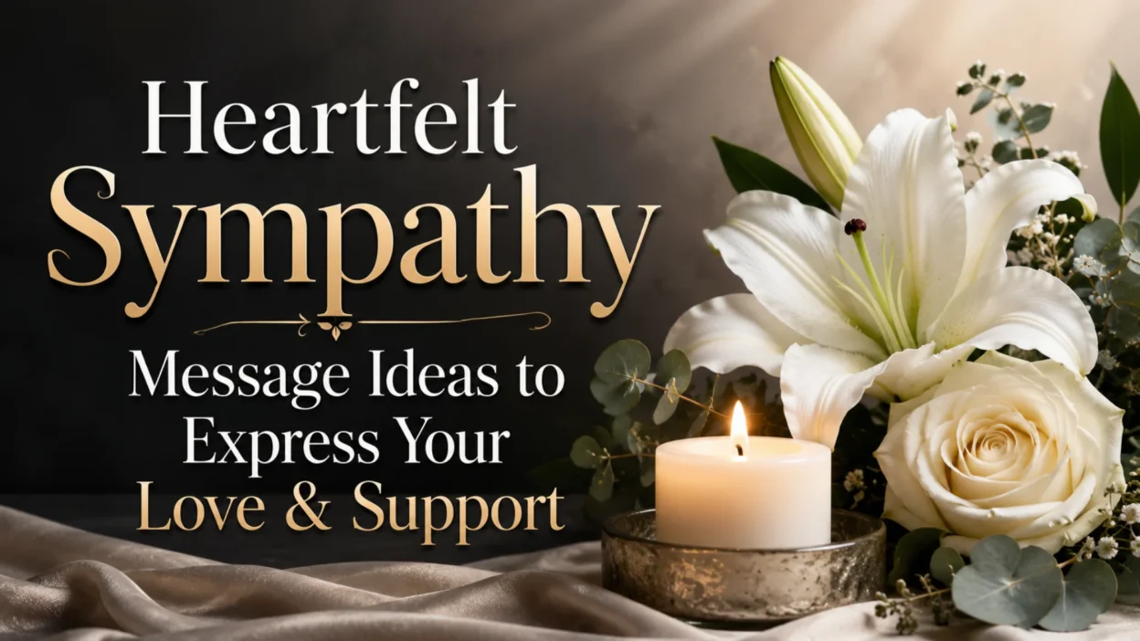 Heartfelt sympathy message image with white flowers, a candle, and comforting text to express love and support.