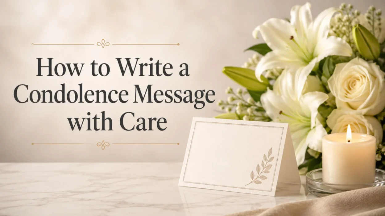 How to write a condolence message with care, featuring white flowers, a sympathy card, and a glowing candle