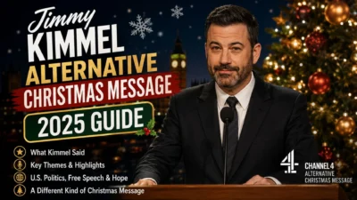Jimmy Kimmel Alternative Christmas Message 2025 guide with festive Christmas background and Channel 4 theme