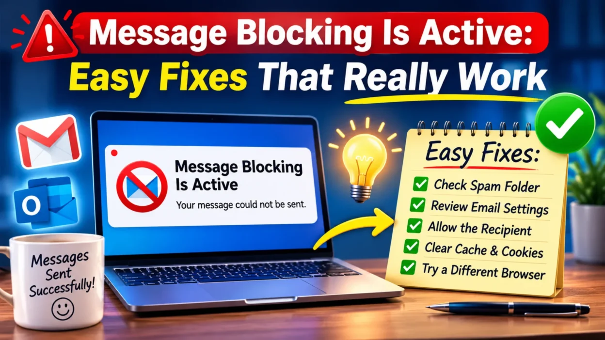 ssage blocking is active error with laptop screen and easy troubleshooting fixes for sending messages.