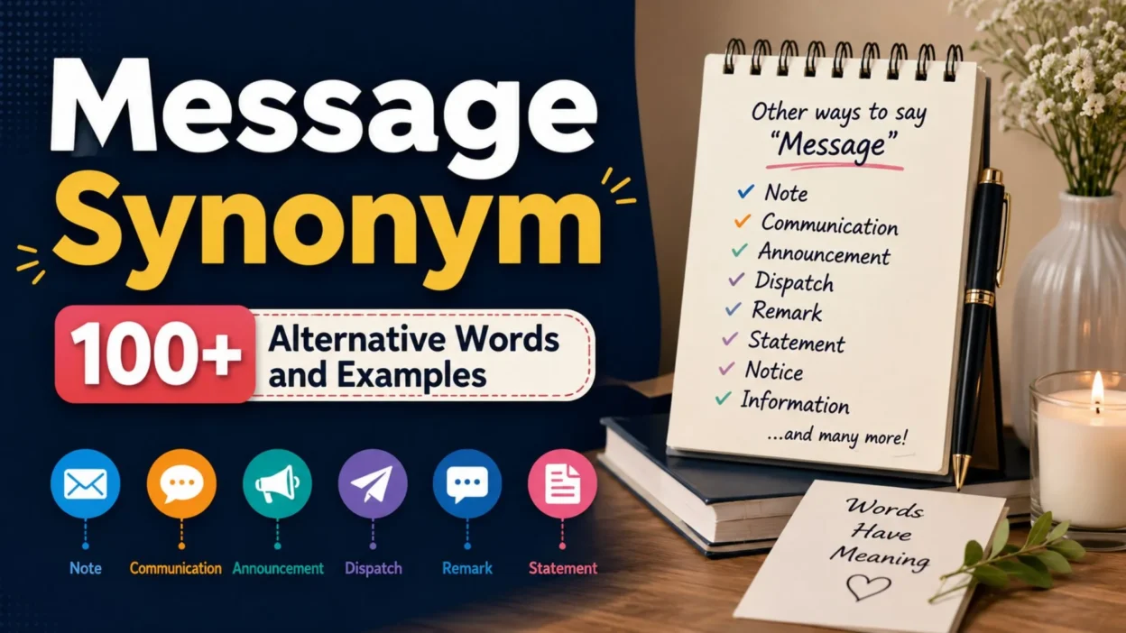 Message synonym infographic with 100+ alternative words, examples, colorful icons, a notebook, books, and a candle