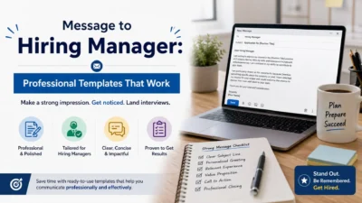 Professional hiring manager message banner featuring email templates on a laptop, job application icons, and a checklist for writing an effective message.
