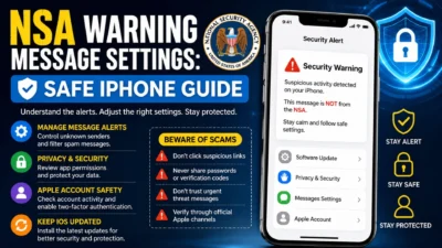 NSA warning message settings guide showing iPhone security alerts and safety features
