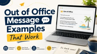 Out of office message examples displayed on a laptop with a professional workspace