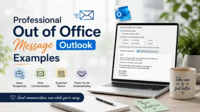 Professional out of office message Outlook examples displayed on a laptop in a clean modern office setting