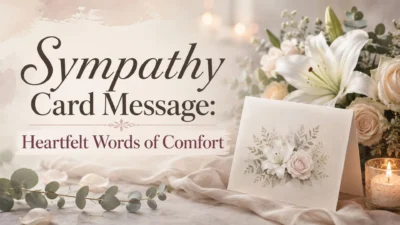 Sympathy card message banner with white lily, candle, and soft floral design expressing heartfelt words of comfort
