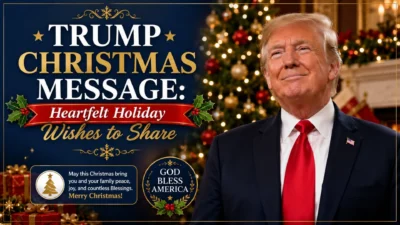 Trump Christmas message graphic with festive holiday decorations and a Christmas tree.
