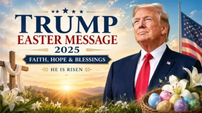 Trump Easter Message 2025 with faith, hope, blessings, cross, Easter lilies, and American flag