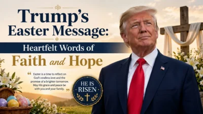 Donald Trump Easter message graphic featuring a cross, Easter flowers, colorful eggs, and a message of faith and hope.