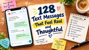 128 thoughtful text messages displayed on a smartphone with warm notes