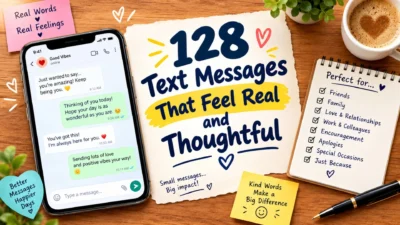 128 thoughtful text messages displayed on a smartphone with warm notes