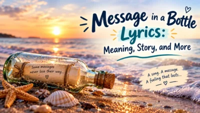 Message in a bottle lyrics graphic with a glass bottle on a sunset beach and ocean waves