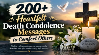 200+ heartfelt death condolence messages to comfort others, featuring a peaceful memorial scene with white lilies, a glowing candle, a cross, a white dove, and a beautiful sunset.