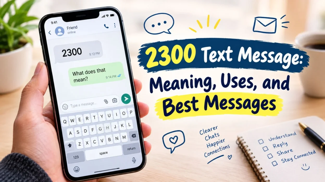 2300 text message meaning displayed on a smartphone with a question about its meaning.