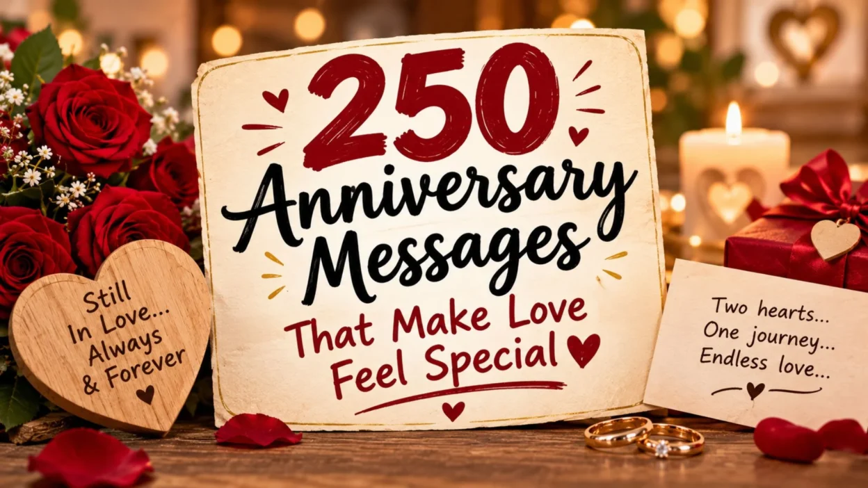 250 anniversary messages featuring red roses, golden wedding rings, romantic candles, heart decorations, and a beautiful anniversary greeting card.