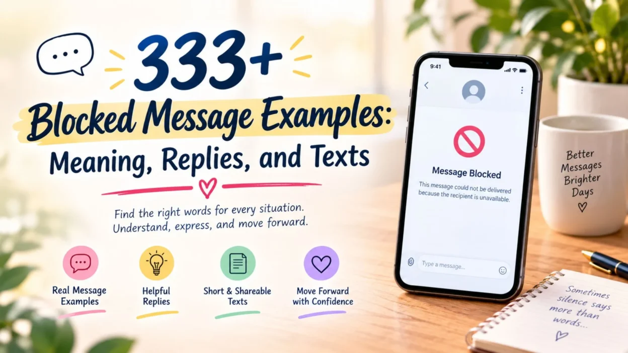 333+ blocked message examples with a smartphone displaying a blocked message, helpful replies, and shareable texts.
