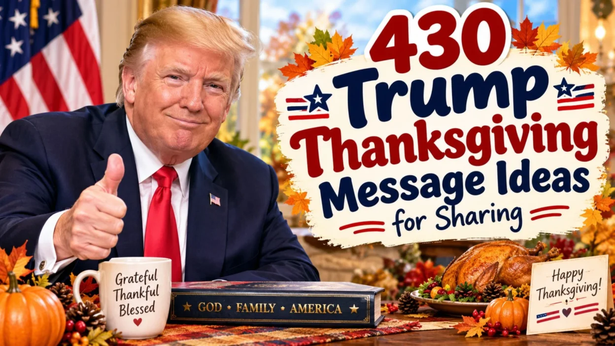 430 Trump Thanksgiving message ideas featuring Donald Trump, an American flag, autumn decorations, and a festive Thanksgiving dinner.