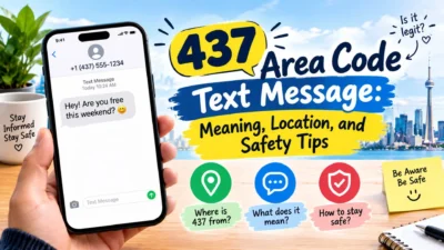 437 area code text message graphic showing a smartphone, Toronto skyline, and safety tips for identifying unknown texts.