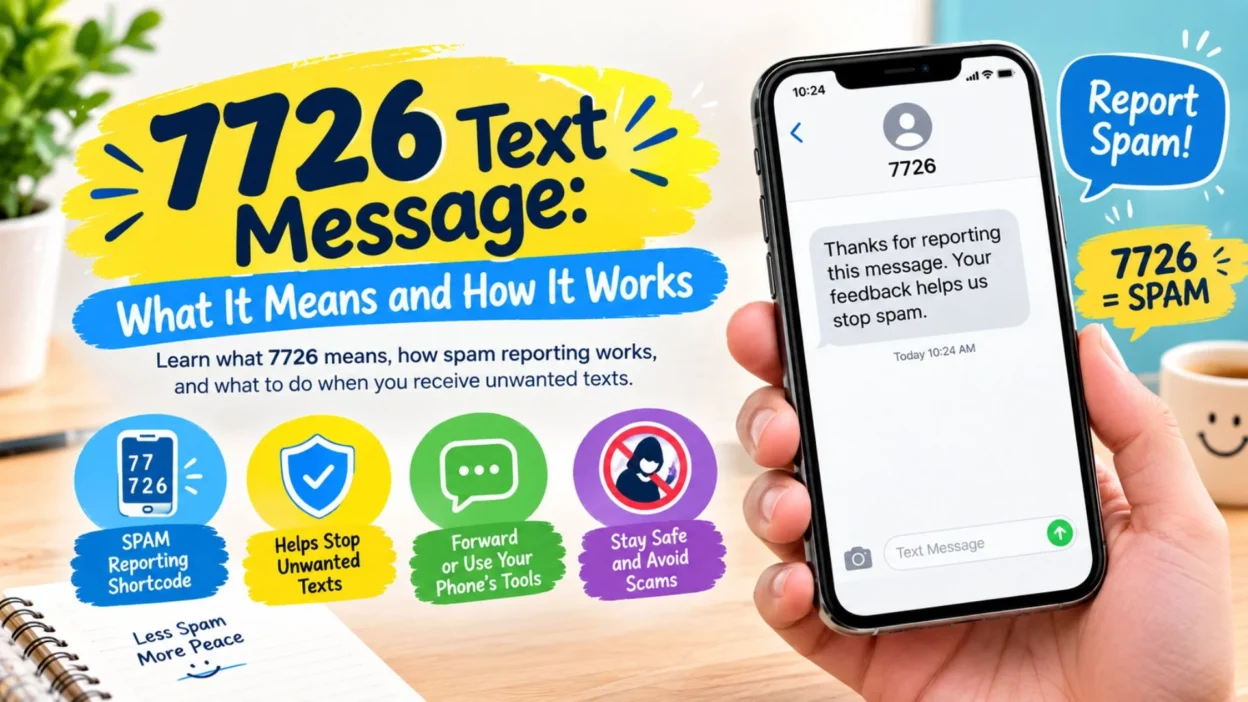 7726 text message explained with a smartphone showing spam reporting and safety information