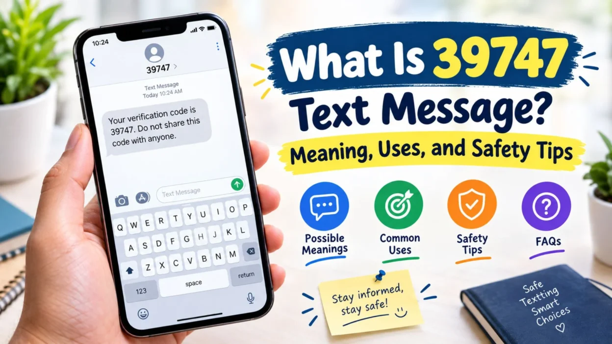 What is 39747 text message showing an SMS short code and text message safety tips on a smartphone.