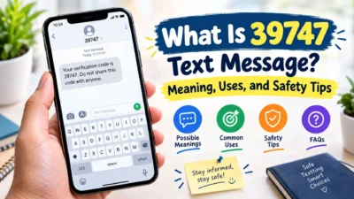 What is 39747 text message showing an SMS short code and text message safety tips on a smartphone.